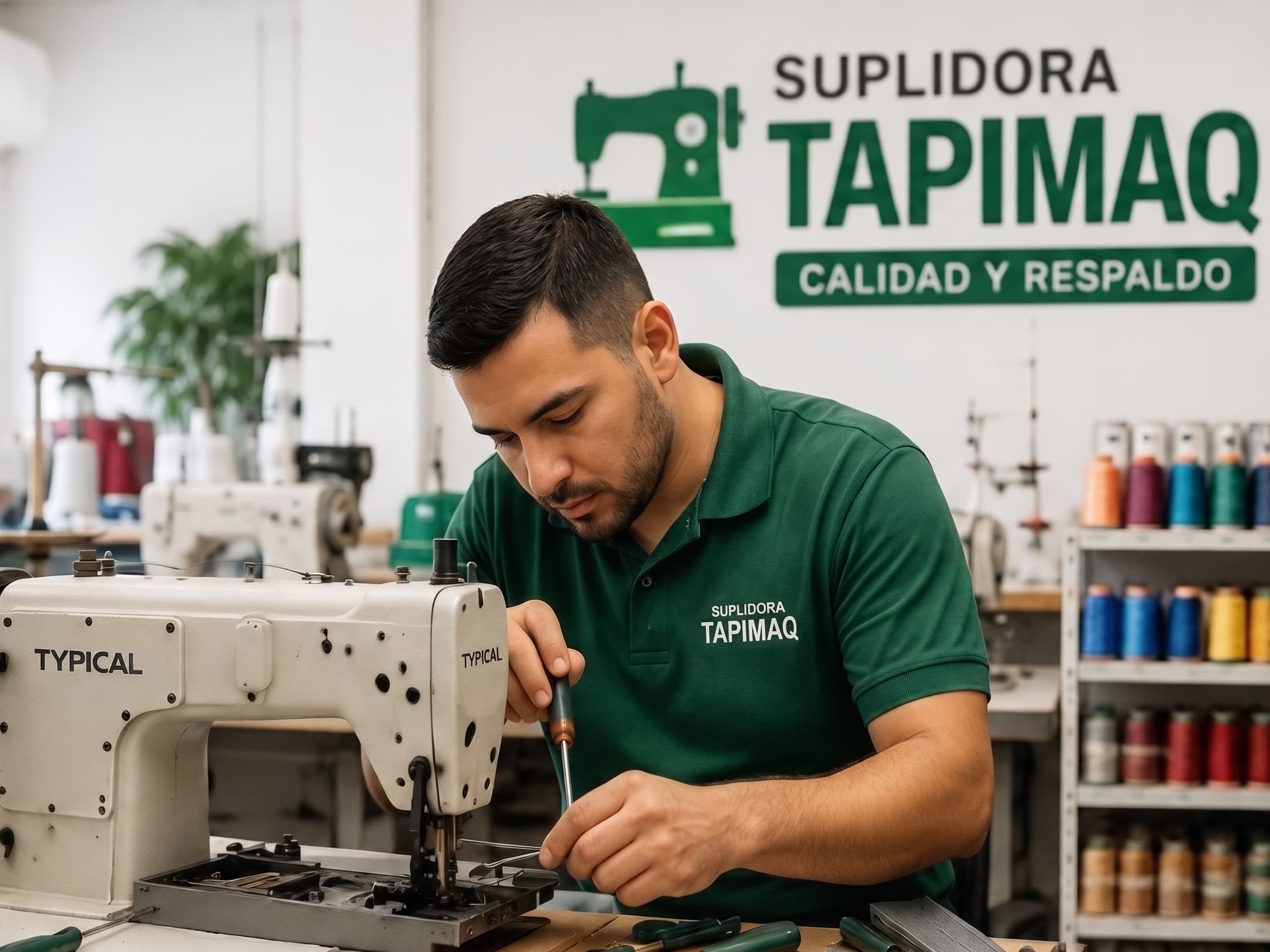 Persona operando una máquina de coser industrial con letrero de Suplidora Tapimaq